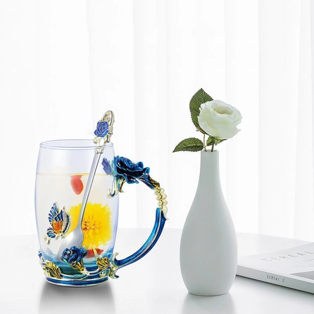 Enamel Rose Glass Tea Cup Set (With Spoon) -  - #tag1#