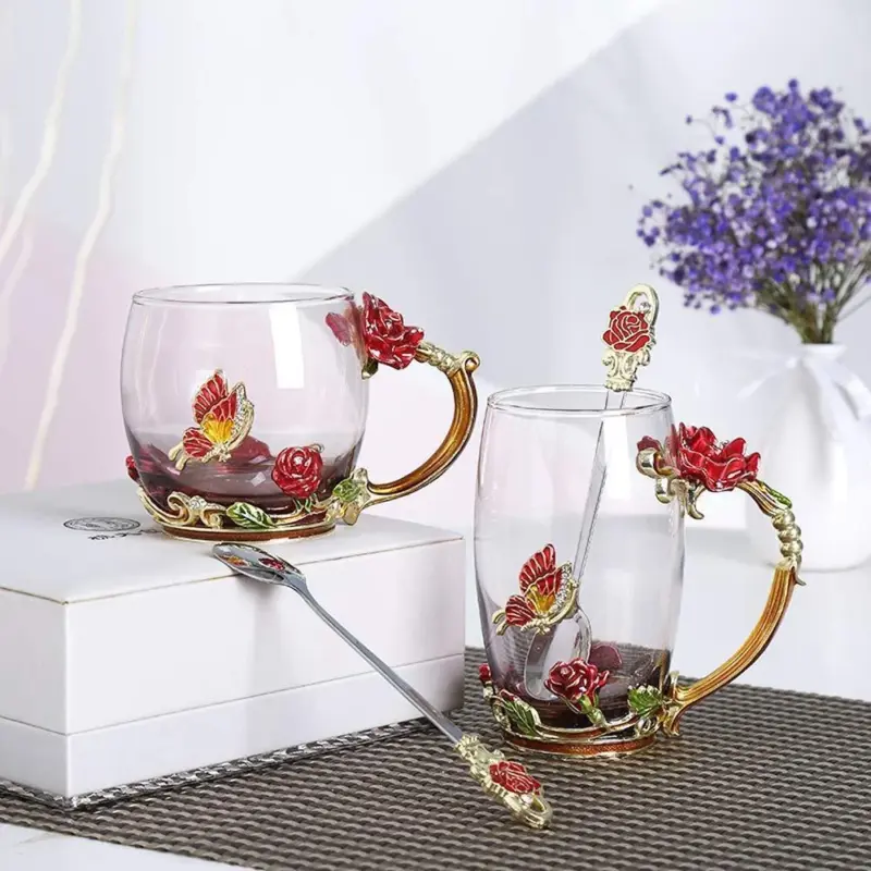 Enamel Rose Glass Tea Cup Set With Spoon tag1