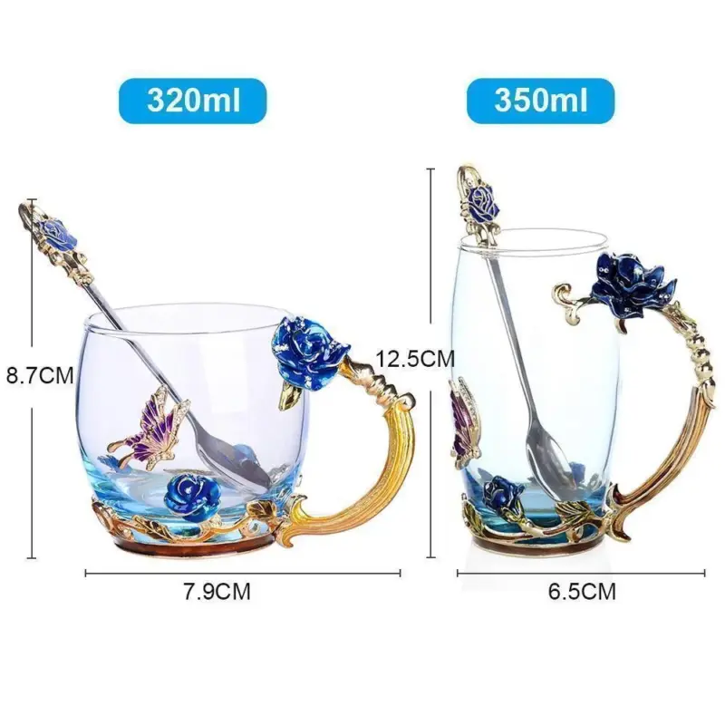 Enamel Rose Glass Tea Cup Set With Spoon tag1