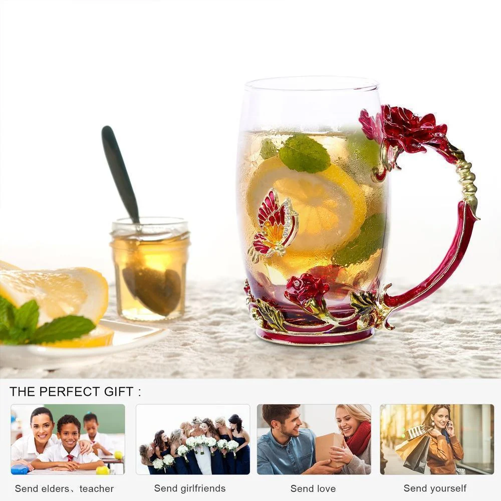 Enamel Rose Glass Tea Cup Set (With Spoon) -  - #tag1#