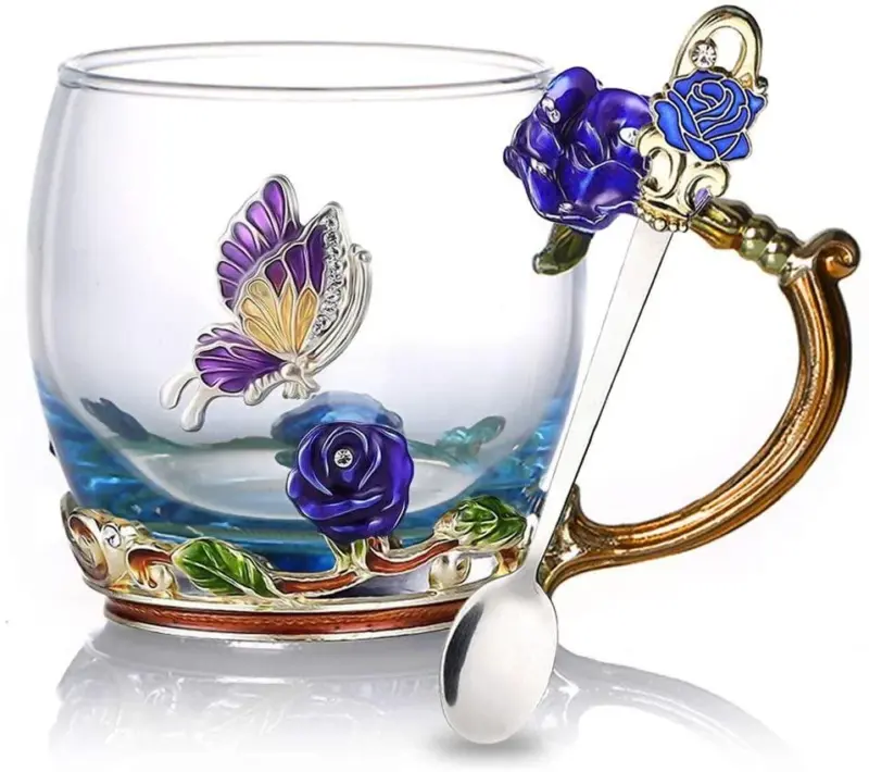 Enamel Rose Glass Tea Cup Set With Spoon tag1