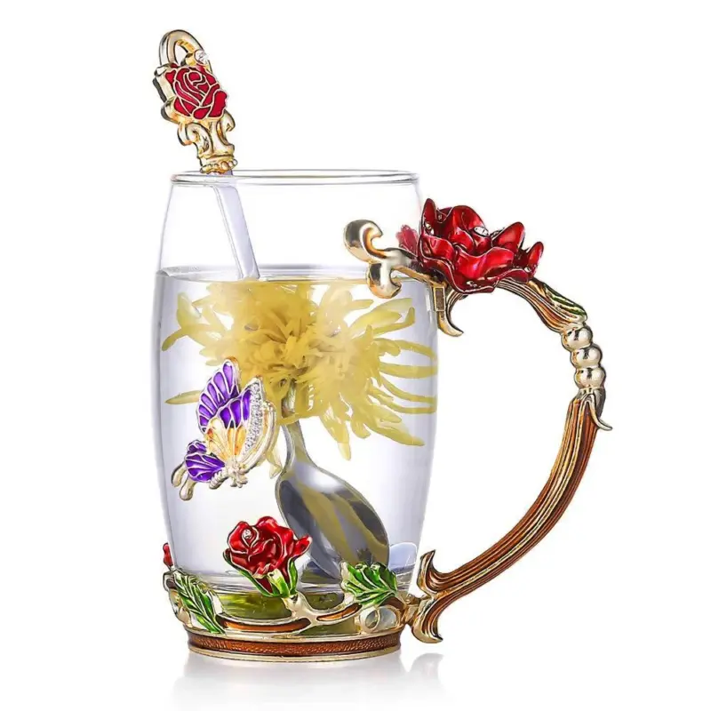 Enamel Rose Glass Tea Cup Set With Spoon tag1