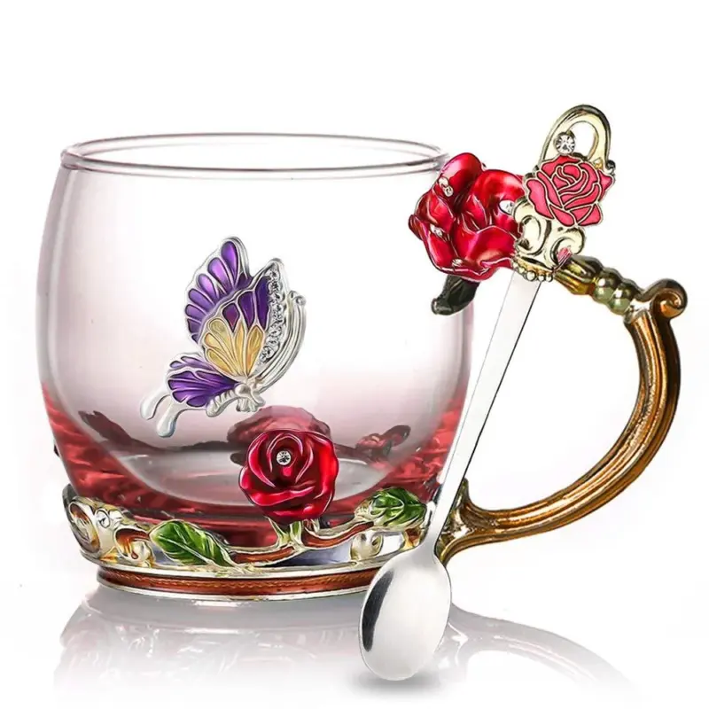 Enamel Rose Glass Tea Cup Set With Spoon tag1