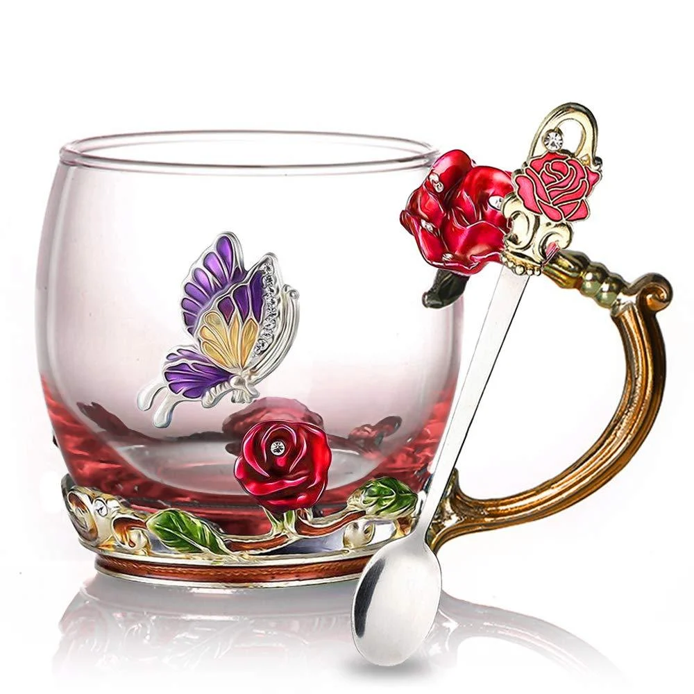 Enamel Rose Glass Tea Cup Set (With Spoon) -  - #tag1#