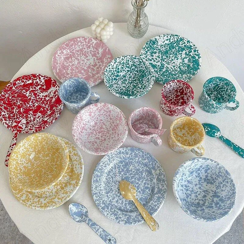 Enamel Splash Ink Print Plate + Bowl Dinner Set -  - #tag1#