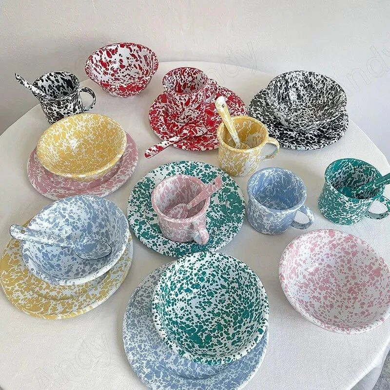 Enamel Splash Ink Print Plate + Bowl Dinner Set -  - #tag1#