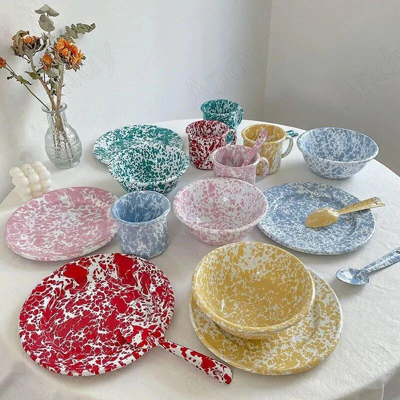 Enamel Splash Ink Print Plate + Bowl Dinner Set -  - #tag1#