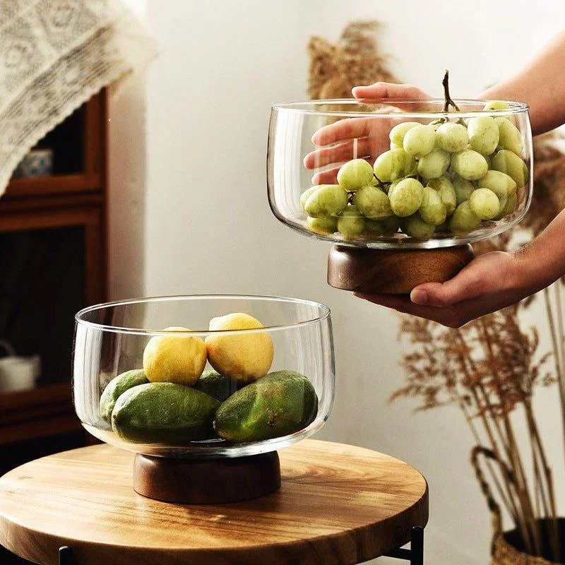 European Glass and Wooden Fruit Bowl -