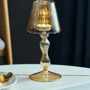 European Style Table Lamp Shaped Amber Glass Candle Holder - 