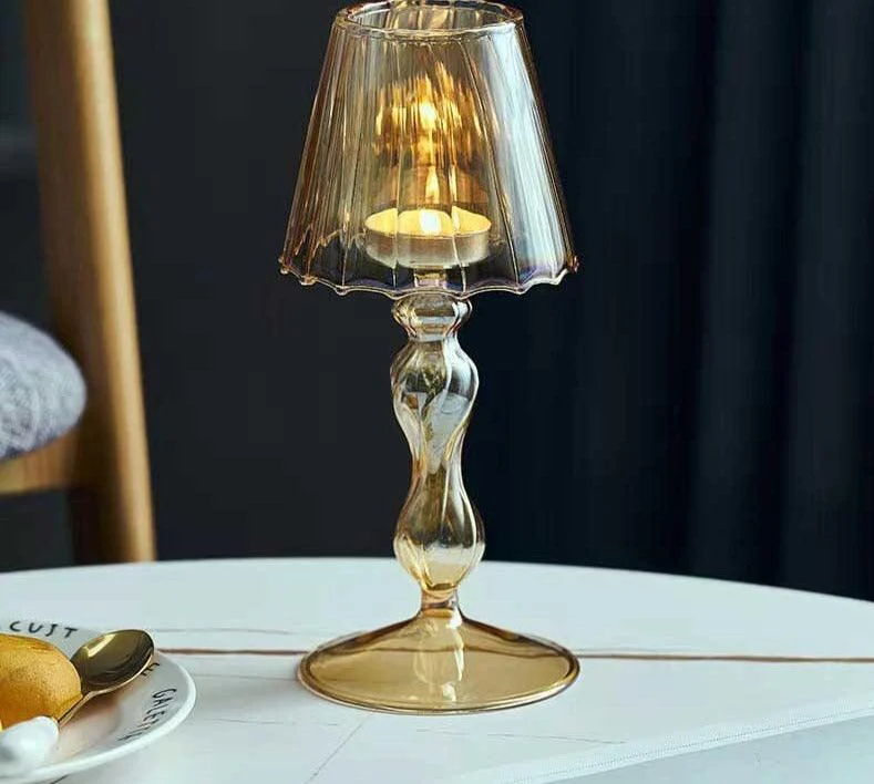 European Style Table Lamp Shaped Amber Glass Candle Holder -