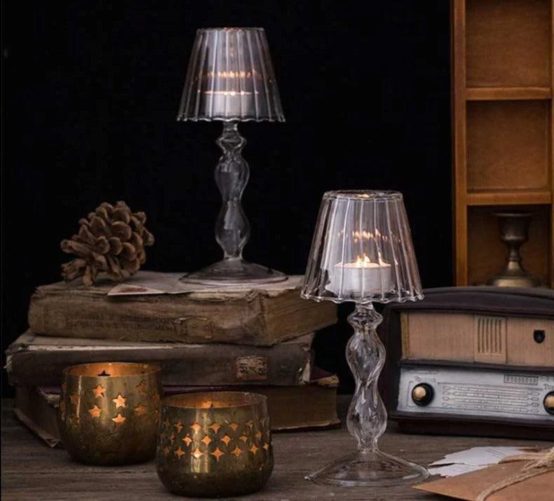 European Style Table Lamp Shaped Amber Glass Candle Holder -