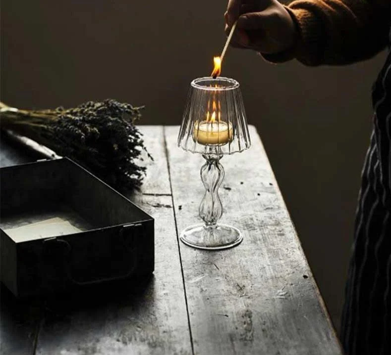 European Style Table Lamp Shaped Amber Glass Candle Holder -