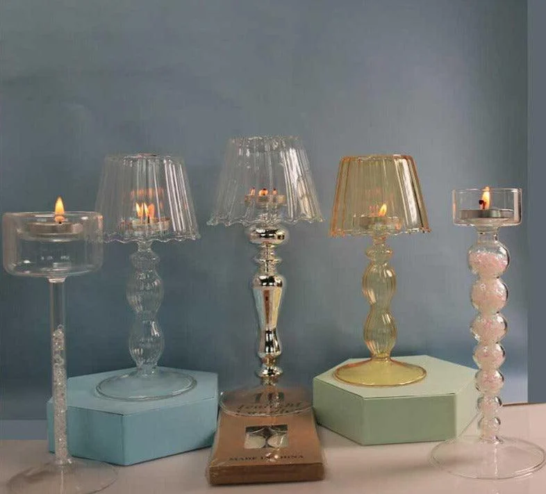 European Style Table Lamp Shaped Amber Glass Candle Holder -