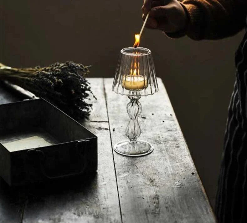 European Style Table Lamp Shaped Amber Glass Candle Holder -