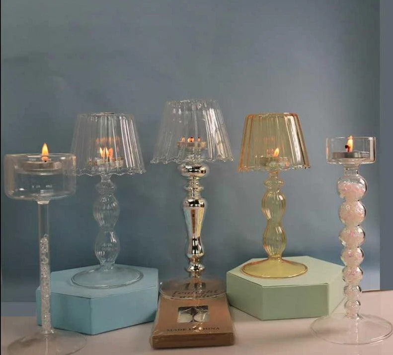 European Style Table Lamp Shaped Amber Glass Candle Holder -