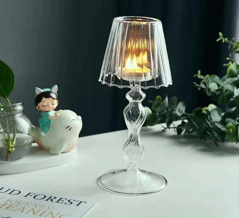 European Style Table Lamp Shaped Amber Glass Candle Holder -
