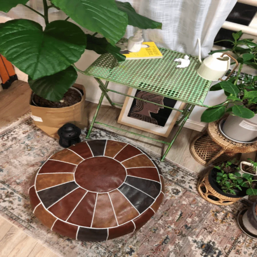 Exotic Moroccan Round Leather Pouf Cover -  - #tag1#