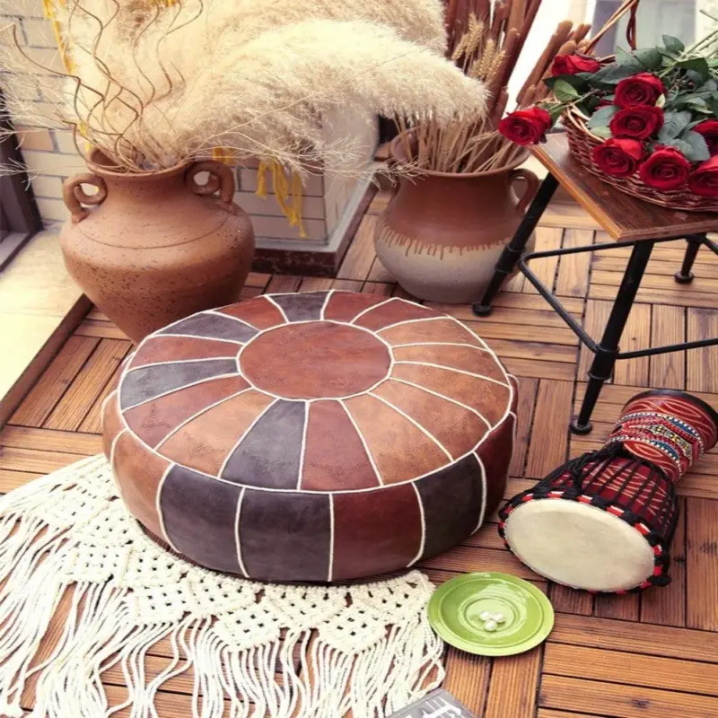 Exotic Moroccan Round Leather Pouf Cover tag1