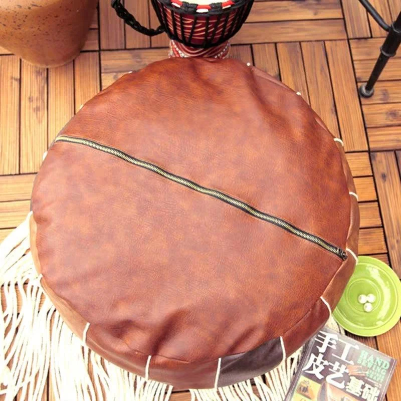Exotic Moroccan Round Leather Pouf Cover -  - #tag1#