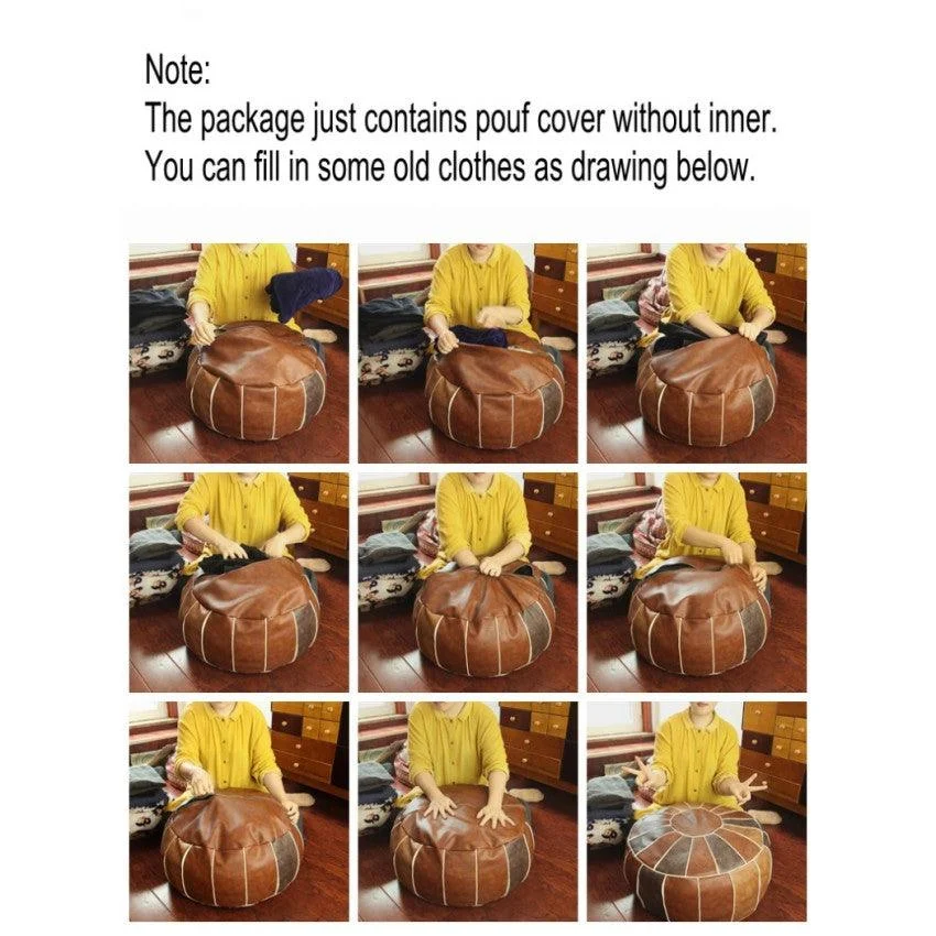 Exotic Moroccan Round Leather Pouf Cover -  - #tag1#