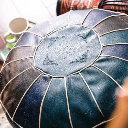 Exotic Moroccan Round Leather Pouf Cover -  - #tag1#