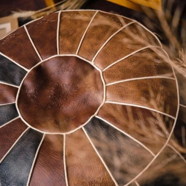 Exotic Moroccan Round Leather Pouf Cover -  - #tag1#