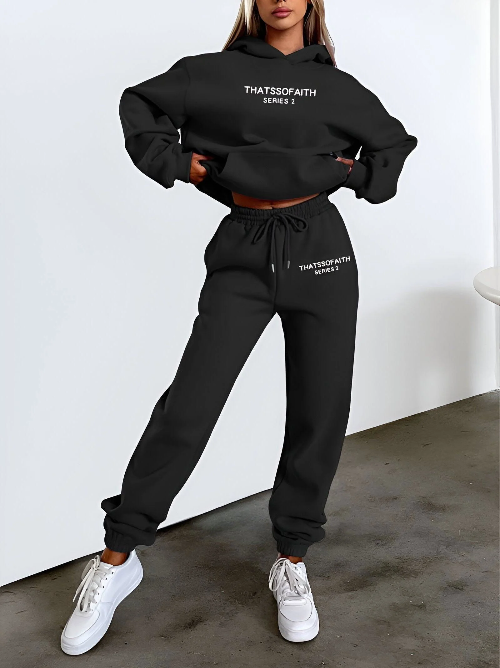 Fash-Track Suit Set - Loungewear Women's Letter Print Hoodie & Pants with Drawstring -  - #tag1#
