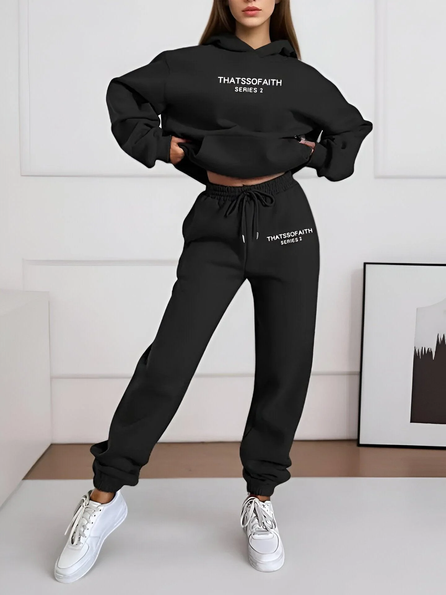 Fash-Track Suit Set - Loungewear Women's Letter Print Hoodie & Pants with Drawstring -  - #tag1#