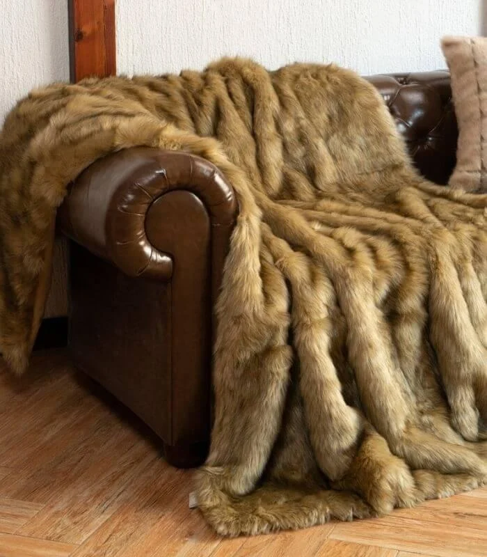 Faux Fur Throw Blanket Soft Thick Ochre Brown -  - #tag1#