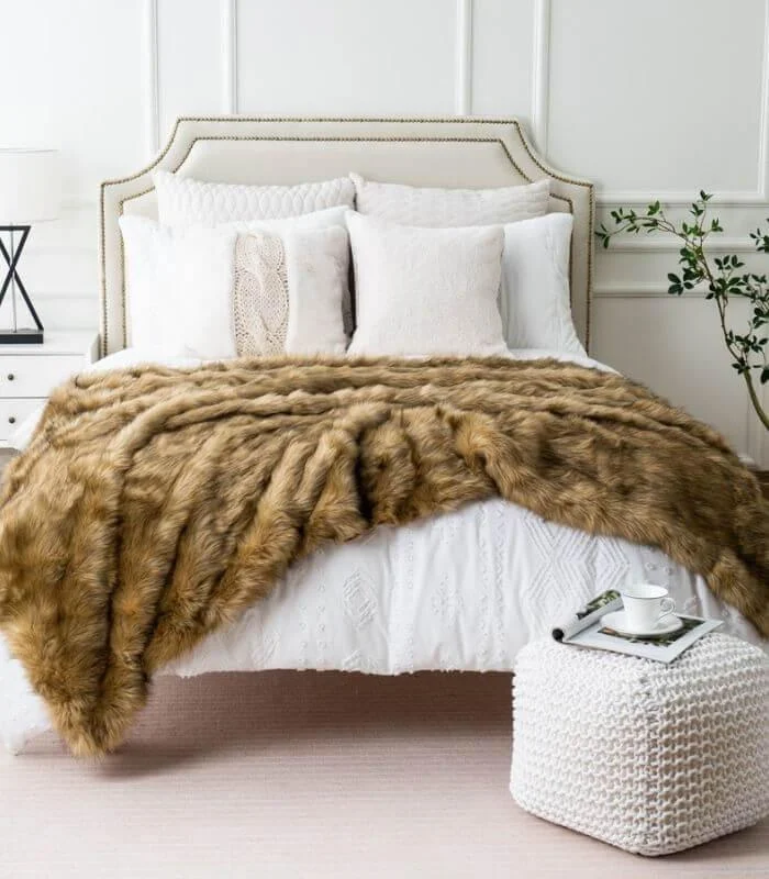 Faux Fur Throw Blanket Soft Thick Ochre Brown -  - #tag1#