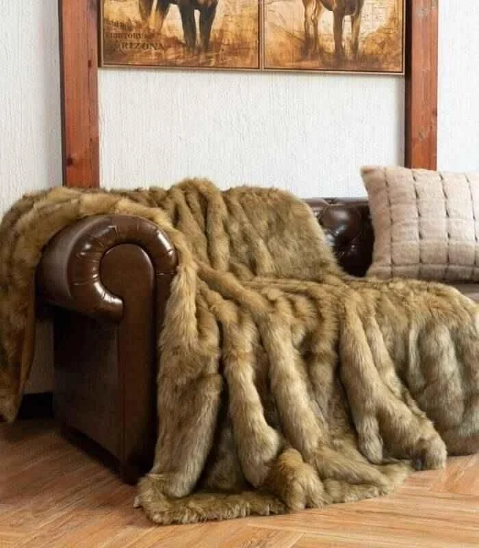 Faux Fur Throw Blanket Soft Thick Ochre Brown -  - #tag1#