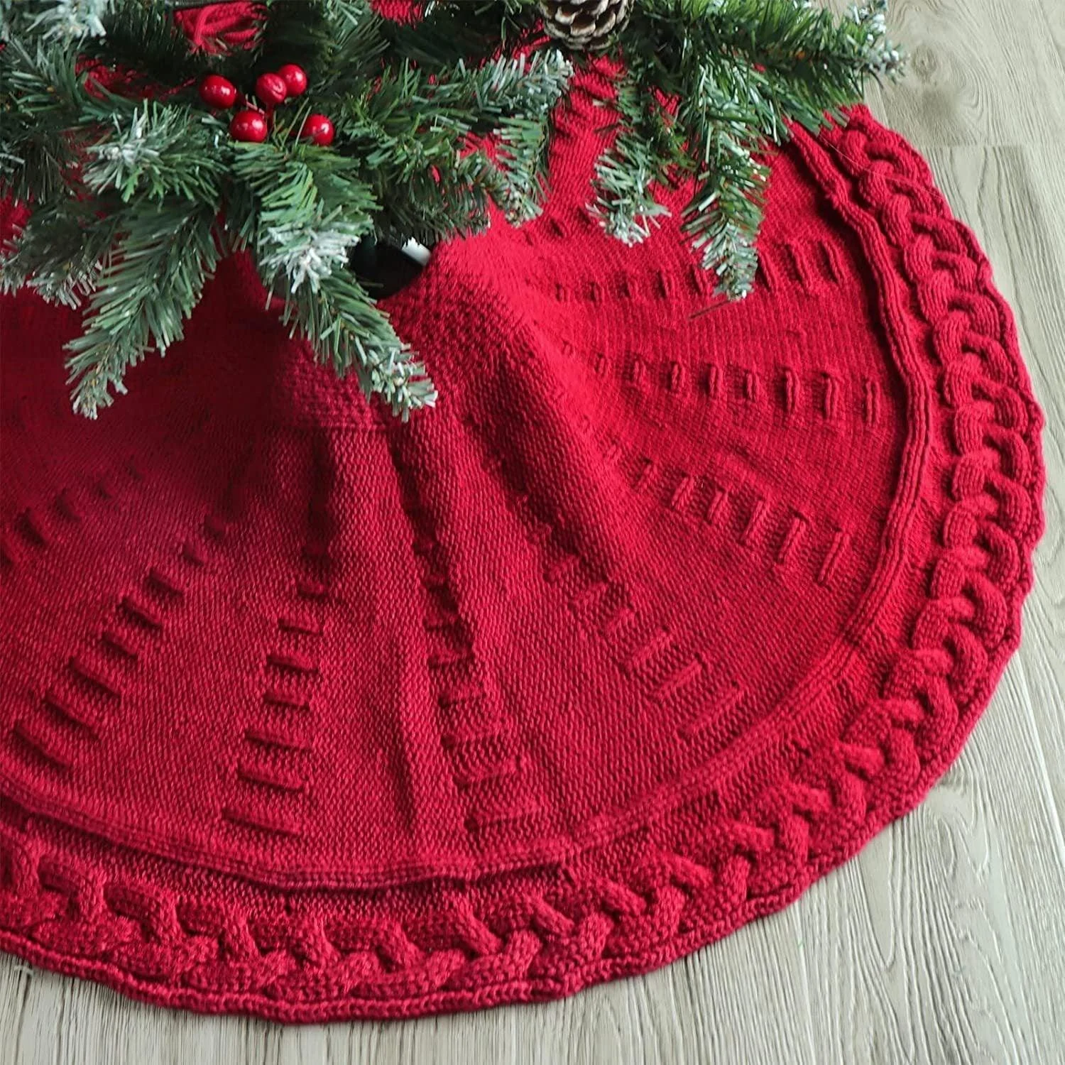 Festive Red Knitted Christmas Tree Skirt -  - #tag1#
