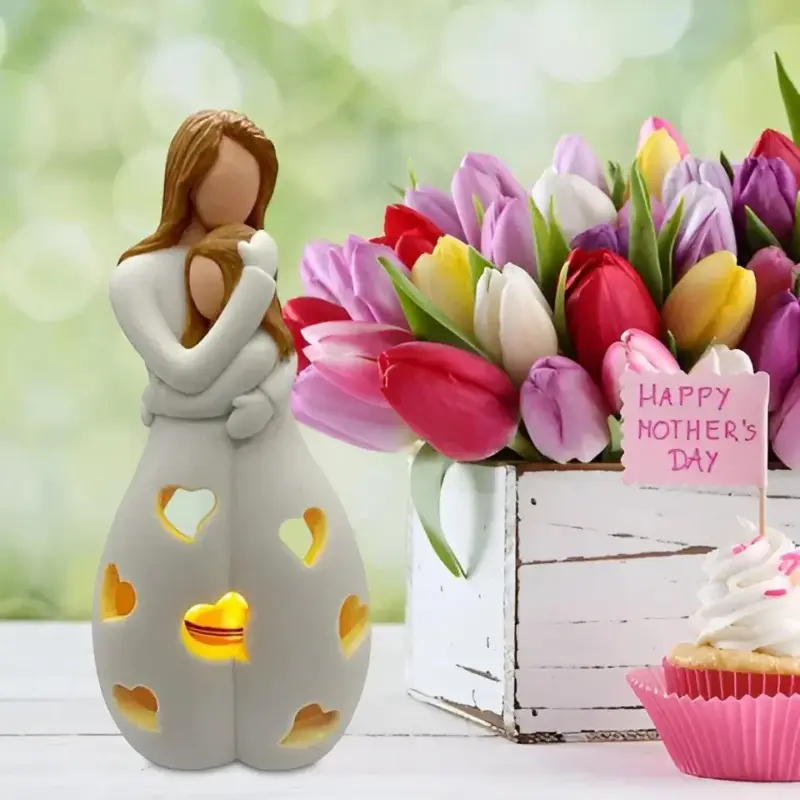 Figurine Candle Holder Embrace Mother Daughter Flickering Light tag1