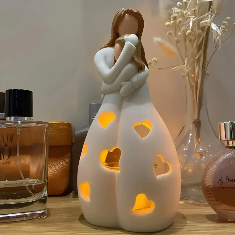 Figurine Candle Holder Embrace Mother Daughter Flickering Light tag1