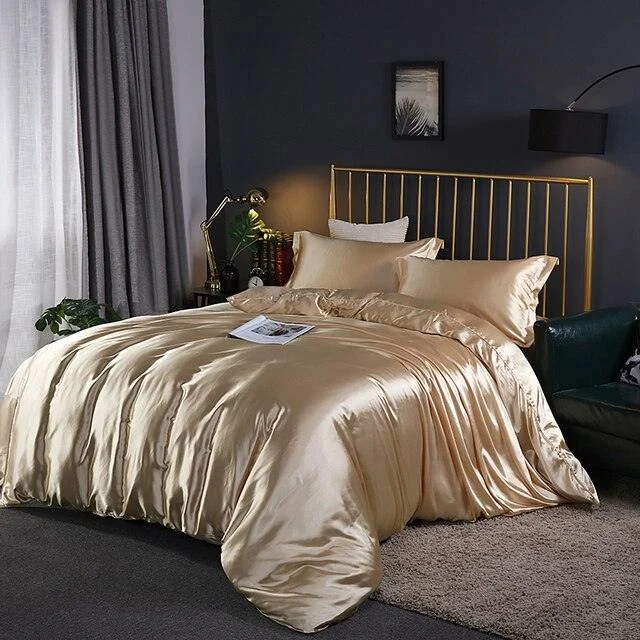 Fitted 4PCS SUPER SOFT Luxury Silk Bedding Set（1 FITTED SHEET+1 QUILT COVER+ 2 PILLOWCASE) -  - #tag1#