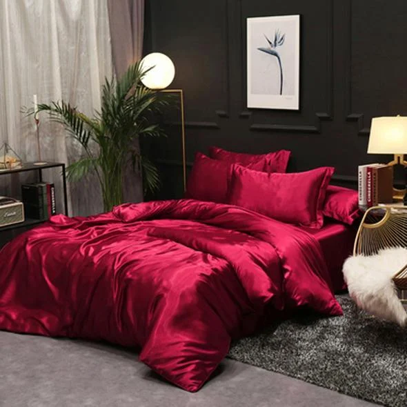 Fitted 4PCS SUPER SOFT Luxury Silk Bedding Set（1 FITTED SHEET+1 QUILT COVER+ 2 PILLOWCASE) -  - #tag1#