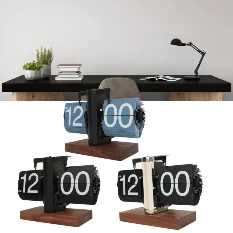 Flip down clock Walnut wood Vintage clock Retro Mechanical tag1