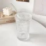 Flower Embossed Transparent Glass Cup With Lid and Straw tag1
