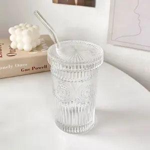 Flower Embossed Transparent Glass Cup With Lid and Straw