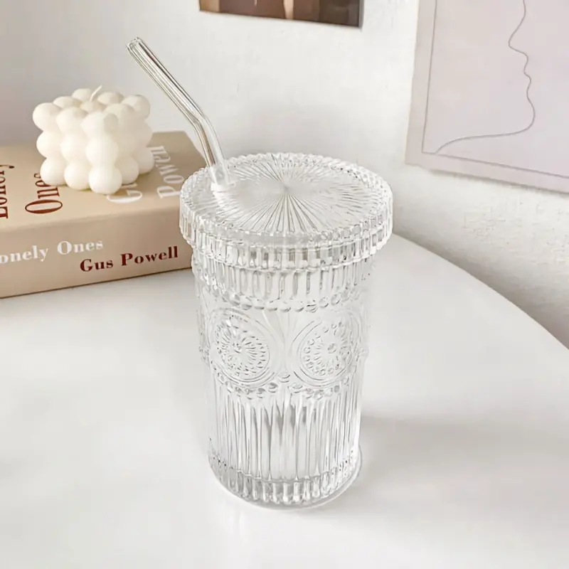 Flower Embossed Transparent Glass Cup With Lid and Straw tag1