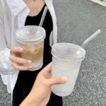 Flower Embossed Transparent Glass Cup With Lid and Straw tag1
