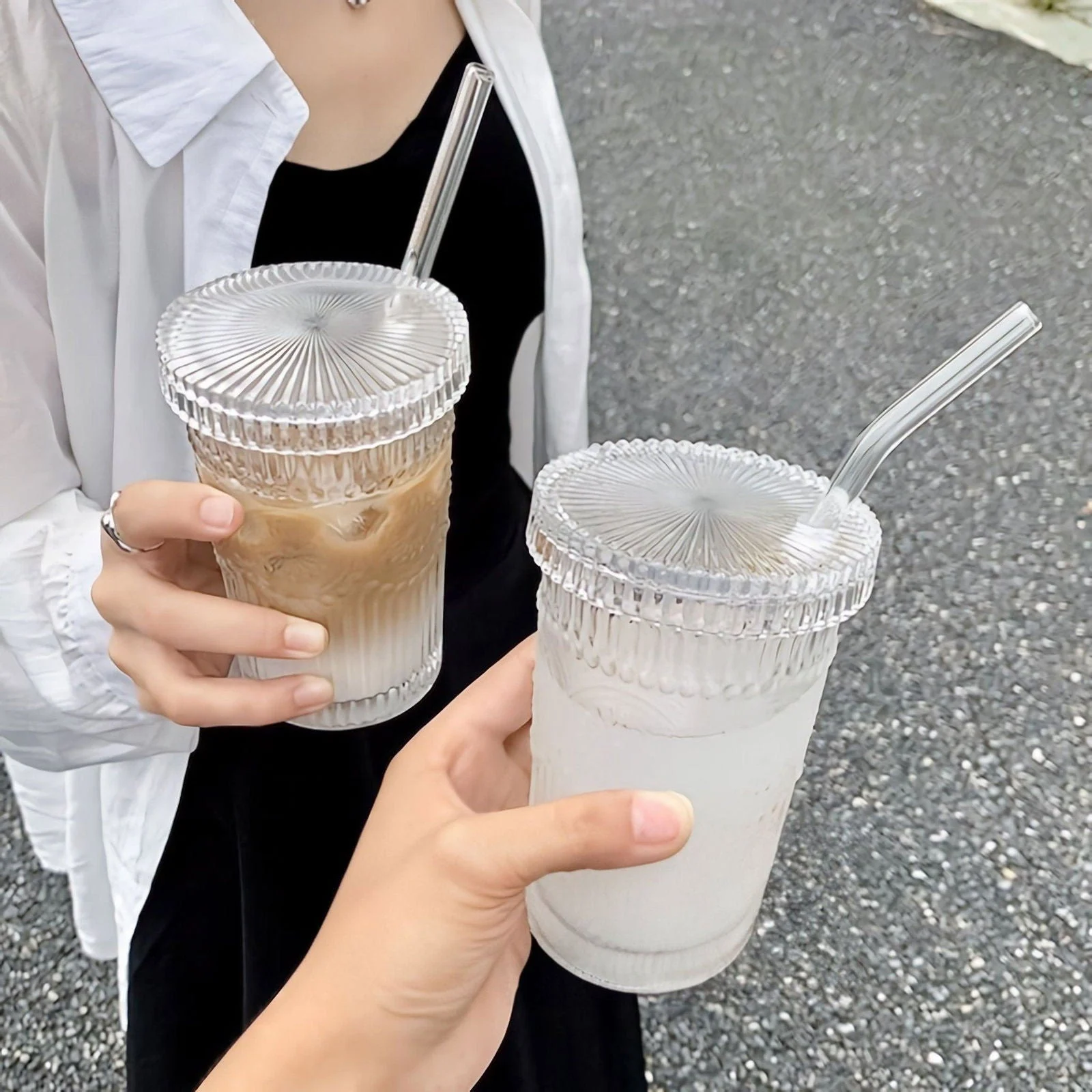 Flower Embossed Transparent Glass Cup With Lid and Straw -  - #tag1#