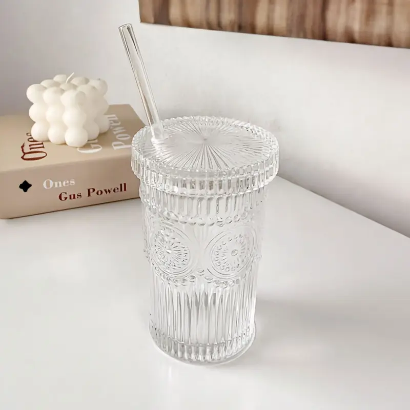 Flower Embossed Transparent Glass Cup With Lid and Straw tag1
