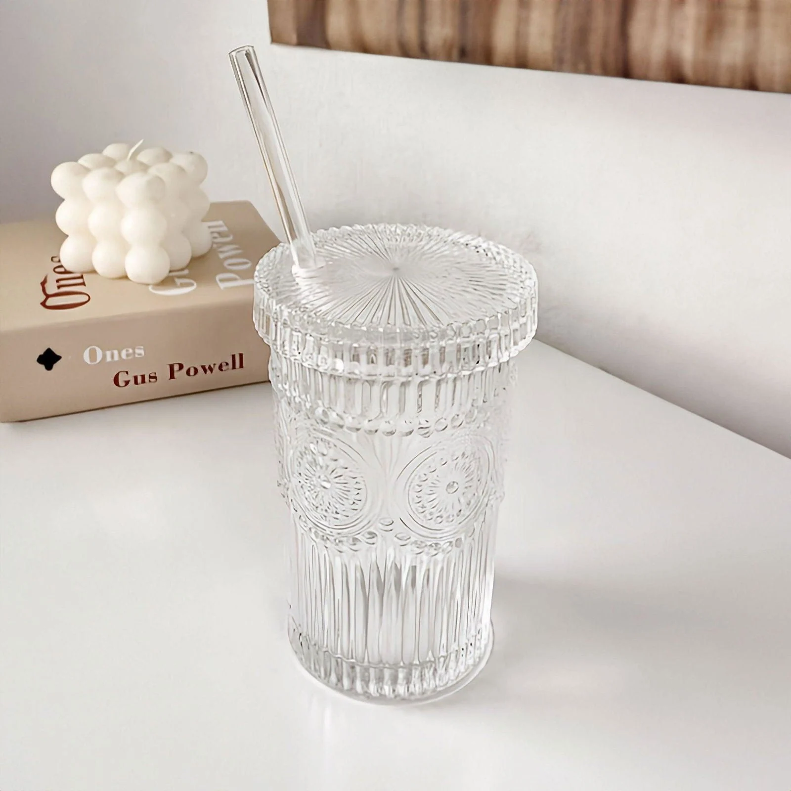 Flower Embossed Transparent Glass Cup With Lid and Straw -  - #tag1#