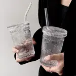 Flower Embossed Transparent Glass Cup With Lid and Straw tag1