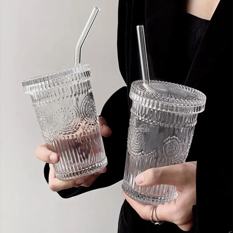 Flower Embossed Transparent Glass Cup With Lid and Straw tag1