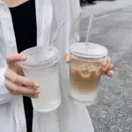 Flower Embossed Transparent Glass Cup With Lid and Straw tag1