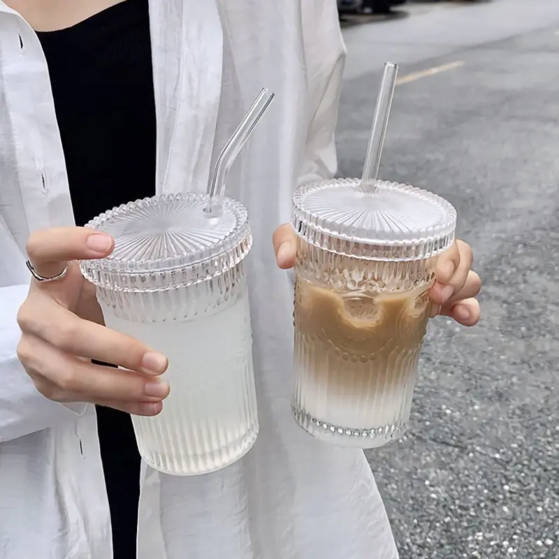 Flower Embossed Transparent Glass Cup With Lid and Straw tag1