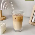 Flower Embossed Transparent Glass Cup With Lid and Straw tag1