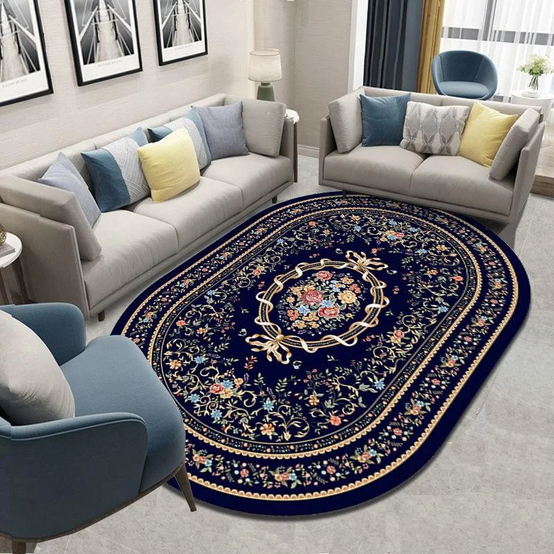 Flower European Oval Rug Living Room Washable Carpet for Bedroom - 